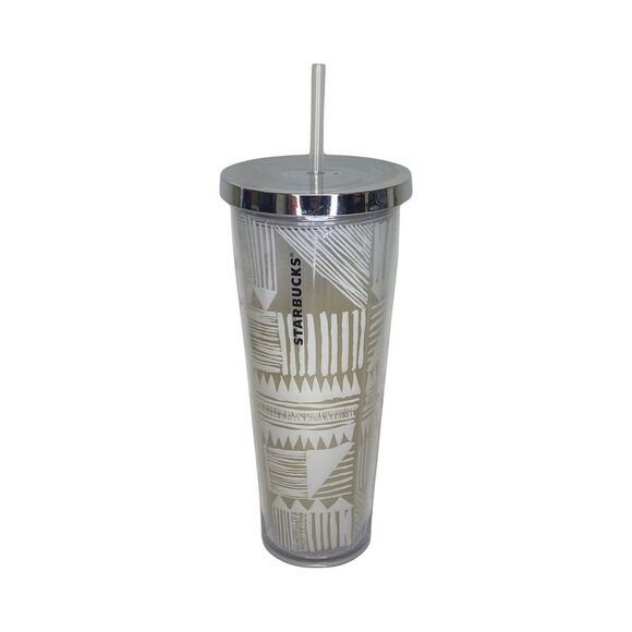 2014 Starbucks Aztec Pattern Cold Cup Coffee Tumbler Gold Silver 24oz Venti Size - Picture 1 of 6
